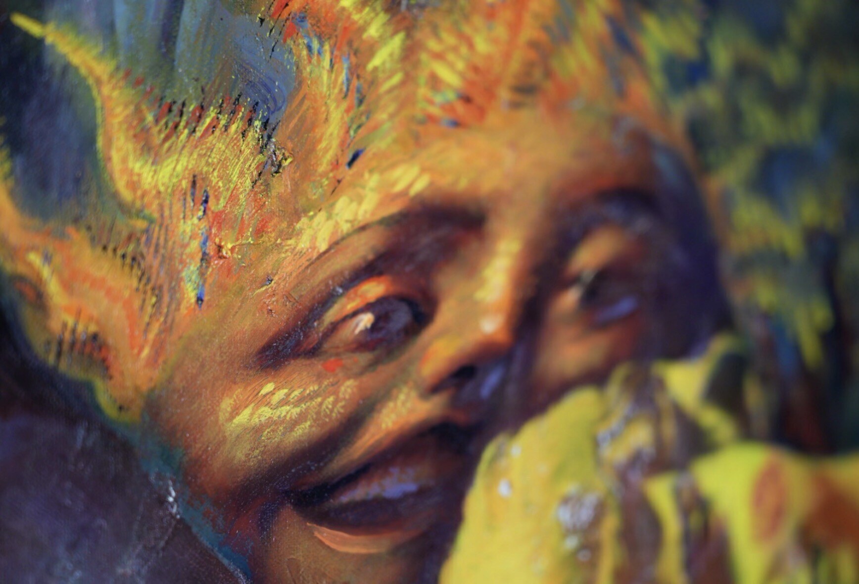 Dissonant Harmonies face detail — macro oil paint surface texture
