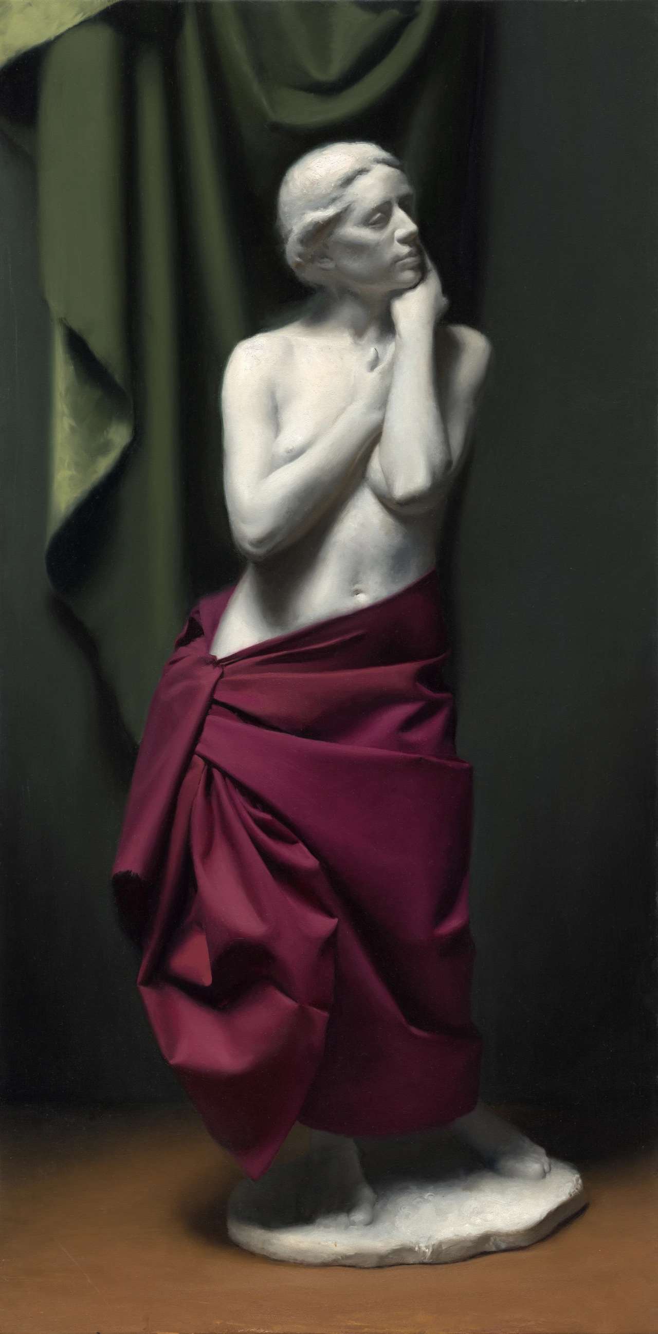 Draped Woman, an oil painting of a standing female figure wrapped in deep burgundy fabric against dark green drapery.